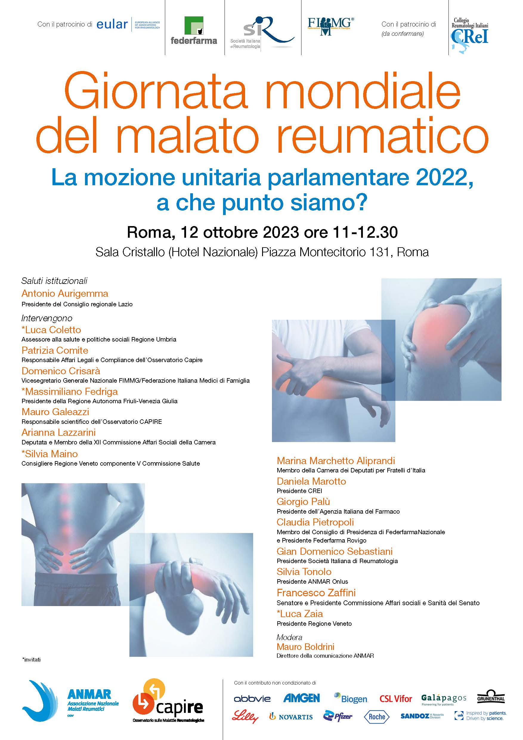 Giornata Mondiale del Malato Reumatico il 12 ottobre a Roma convegno nazionale ANMAR